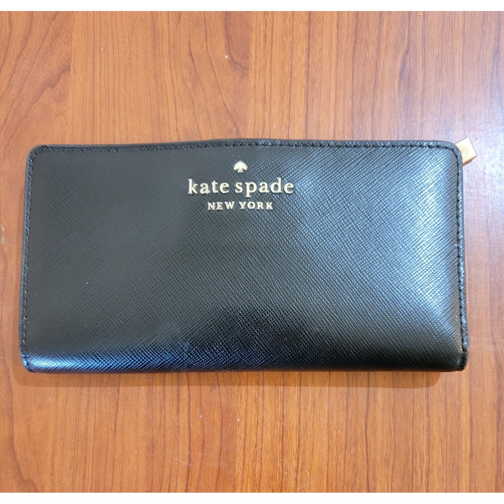 Kate Spade New York Black Saffiano Leather Slim Bifold Wallet Gold Logo AS IS